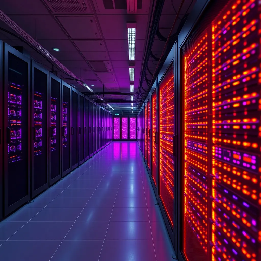 A high-tech server room with glowing orange and purple serve