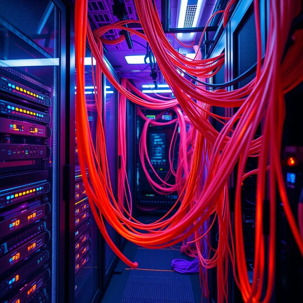 A high-tech server room with glowing orange and purple fiber