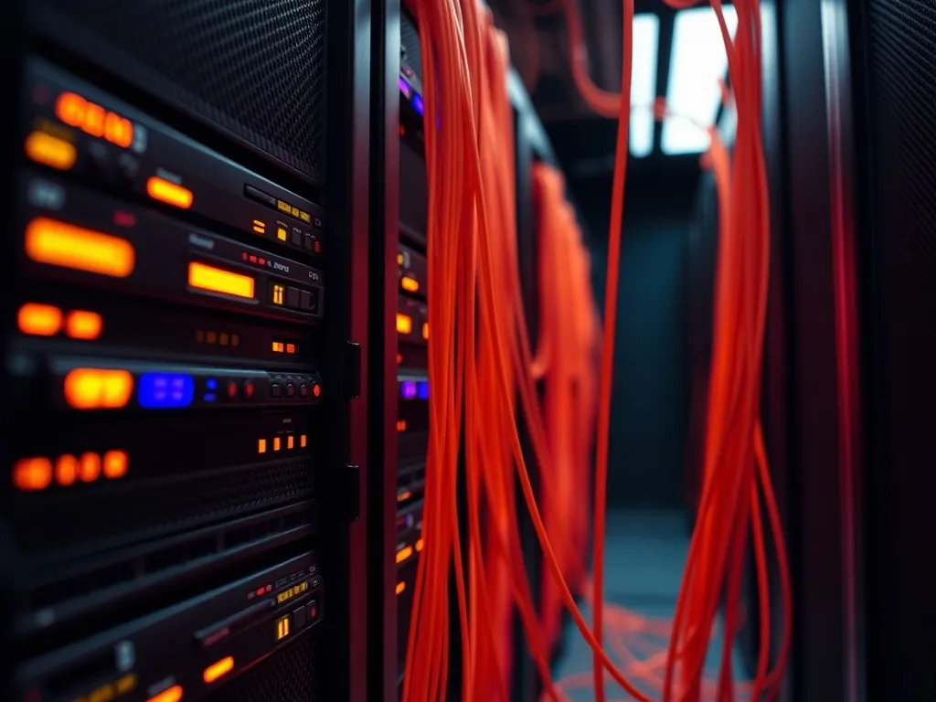 Close-up of high-tech server hardware with glowing orange an