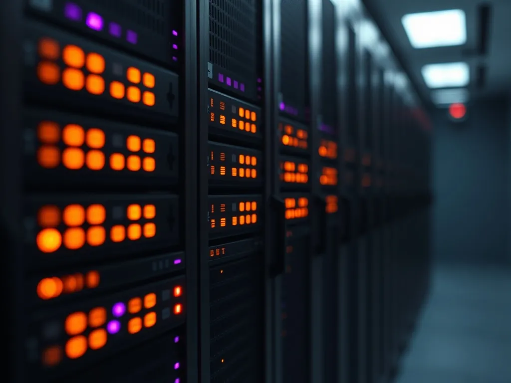 Close-up of a dark server room with orange and purple LED in